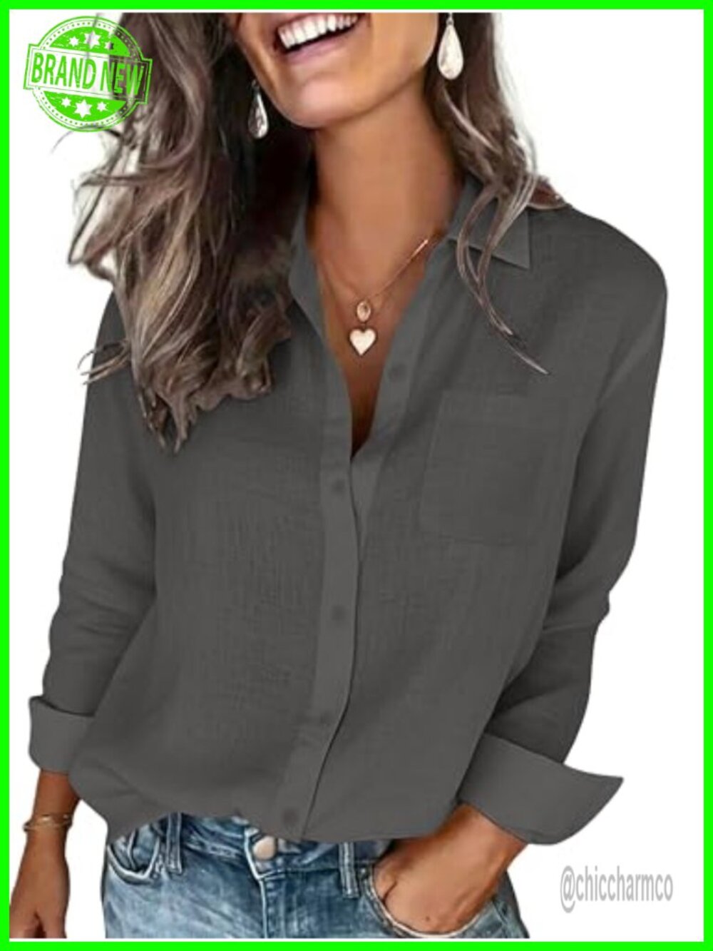 Womens Cotton Linen Button Down Shirt Long Sleeve Blouse with Pocket